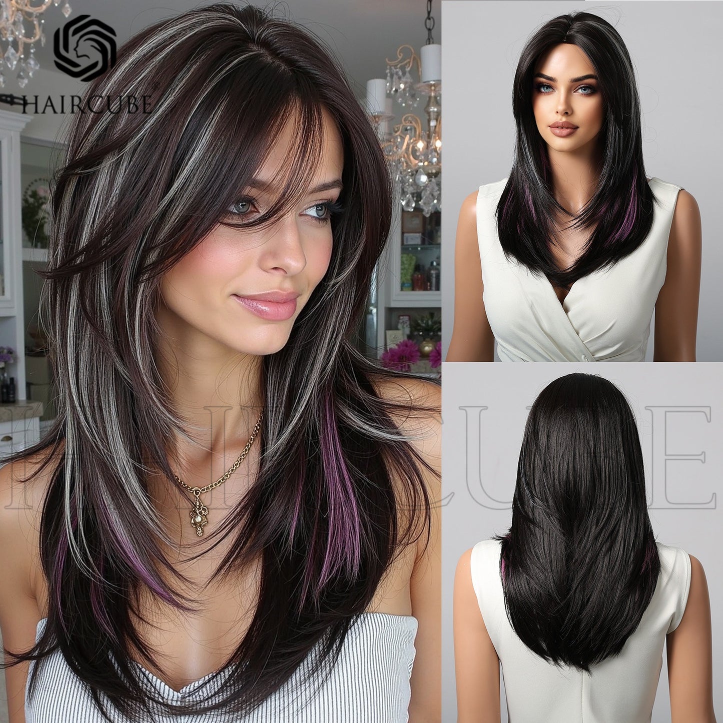 Black Dyed Mid-length Temperament Long Layer Female Mechanism Synthetic Wigs Wig Short Straight Hair
