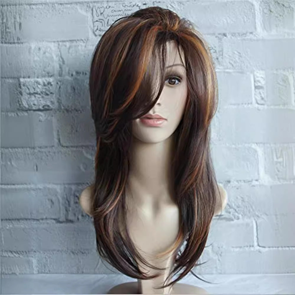 Women's Brown Highlights Gradient Curly Hair Fluffy Pear-shaped Roll Inner Buckle Wig Long Curls