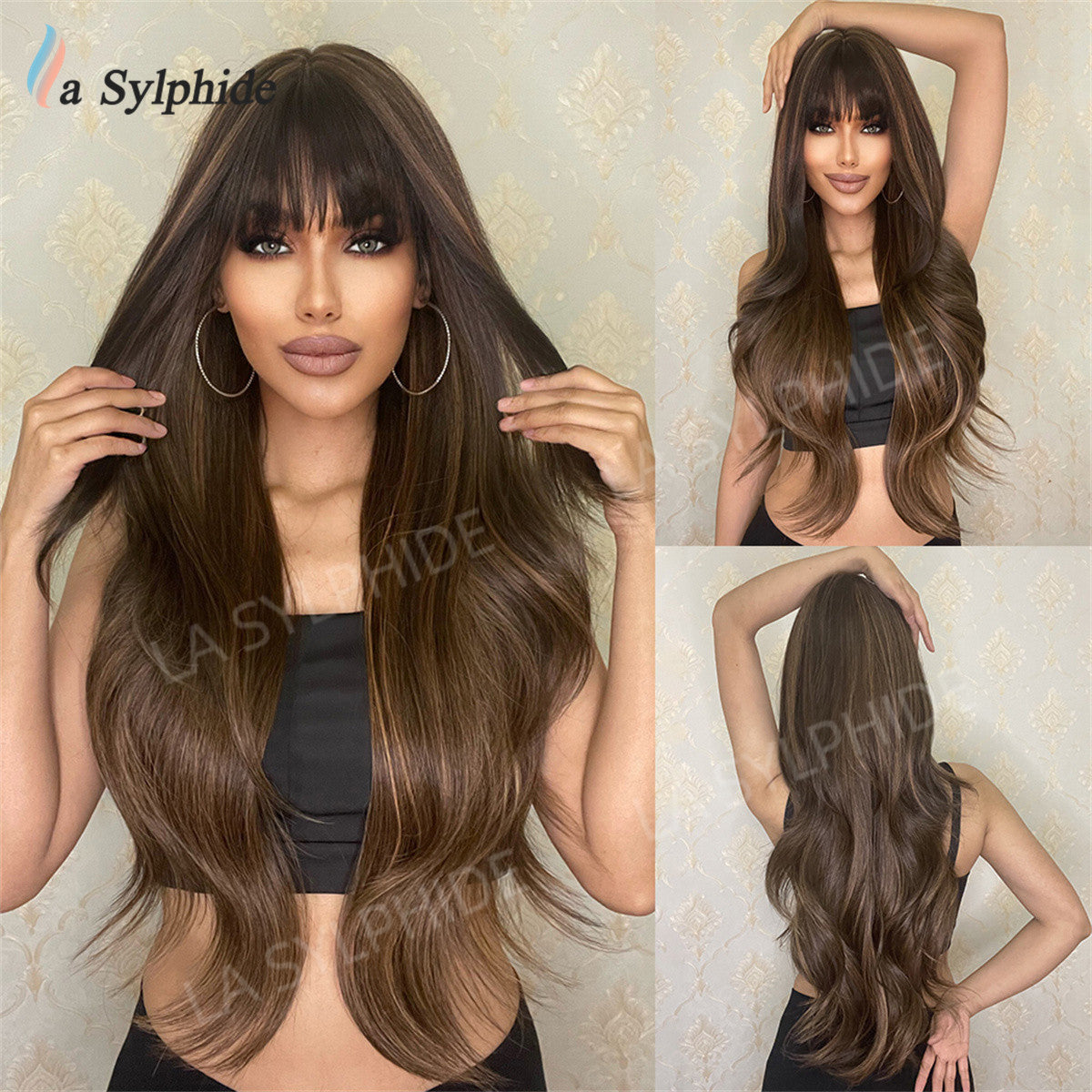 Curly Female Bangs Brown Golden Purple Wig Long Curls