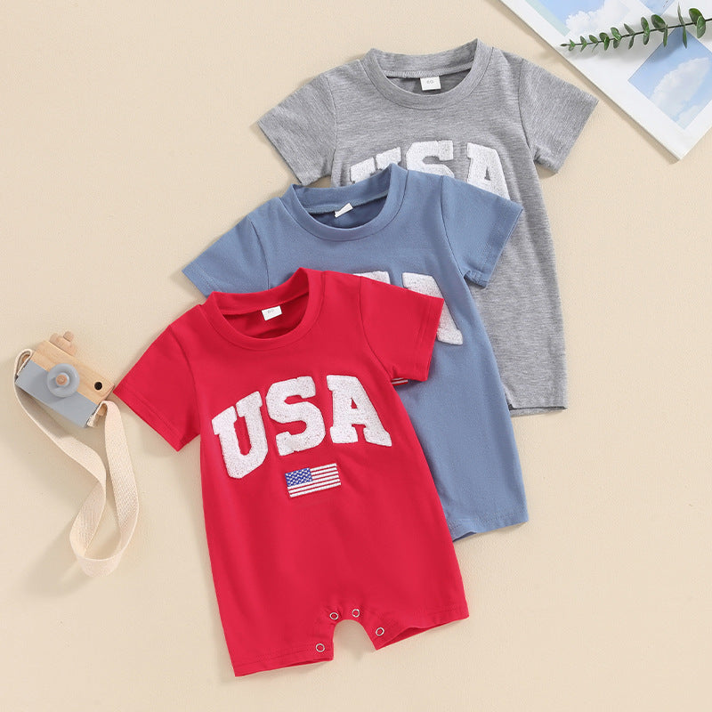 Children's Independence Day Romper Infant Toddler Alphabet Embroidery Short Sleeve Jumpsuit, Climbing Suit