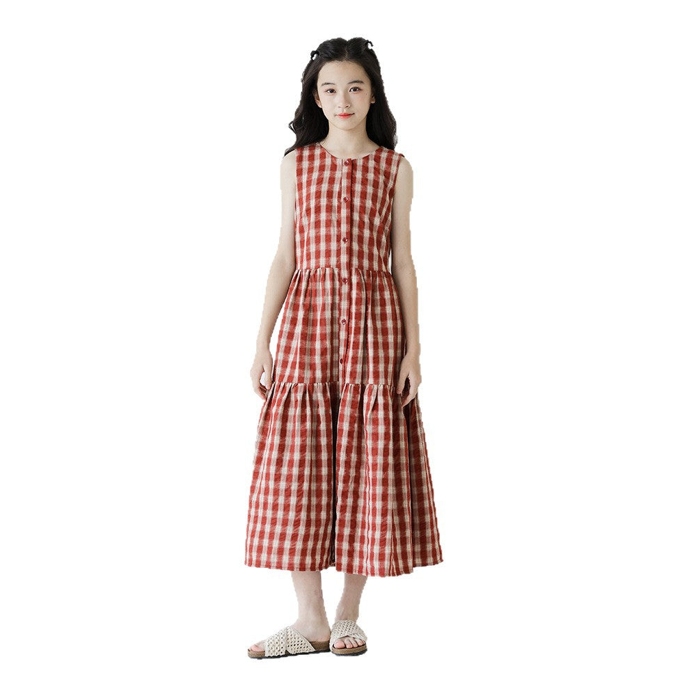 Long Sleeveless Bandage Medium Big Korean Style Retro Dark Red Children's Dress
