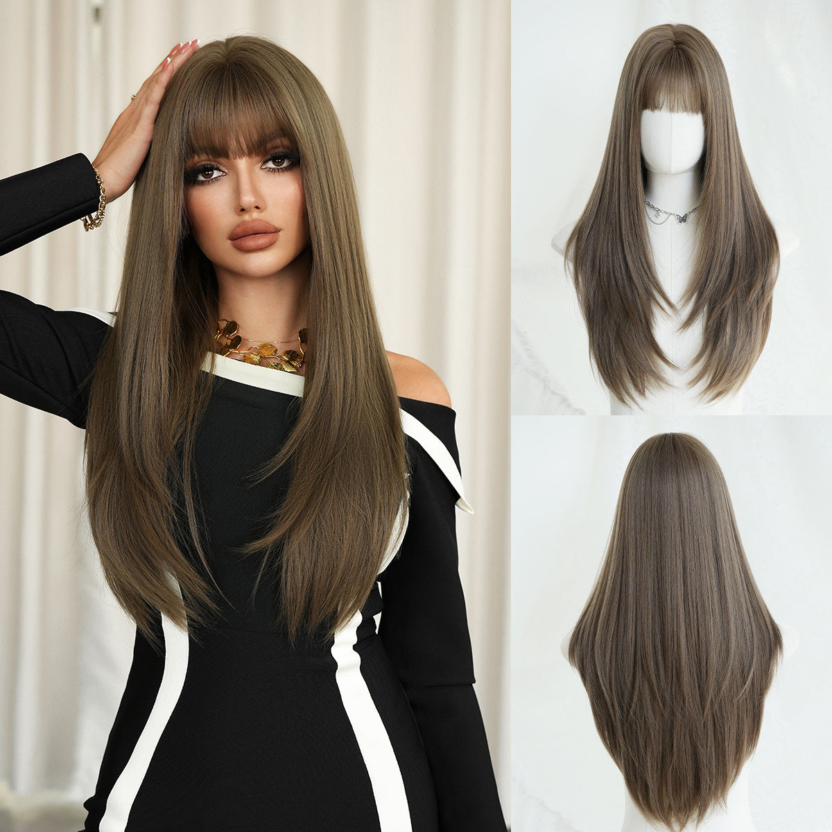 Black Full Top Bangs High Quality Chemical Long Straight Wig
