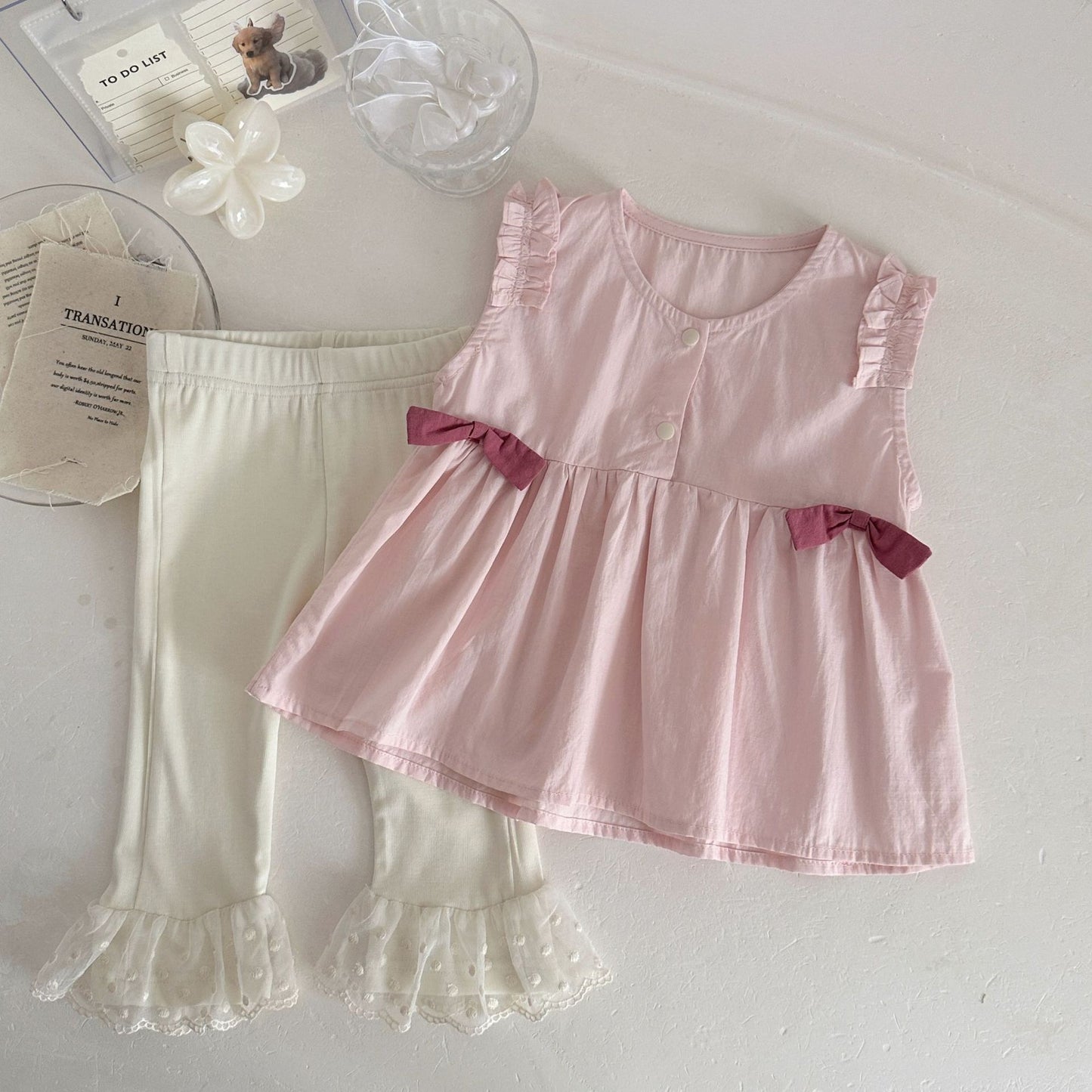 Women's Summer Bow Sleeveless Doll Shirt Embroidered Flared Lace Children's Suit