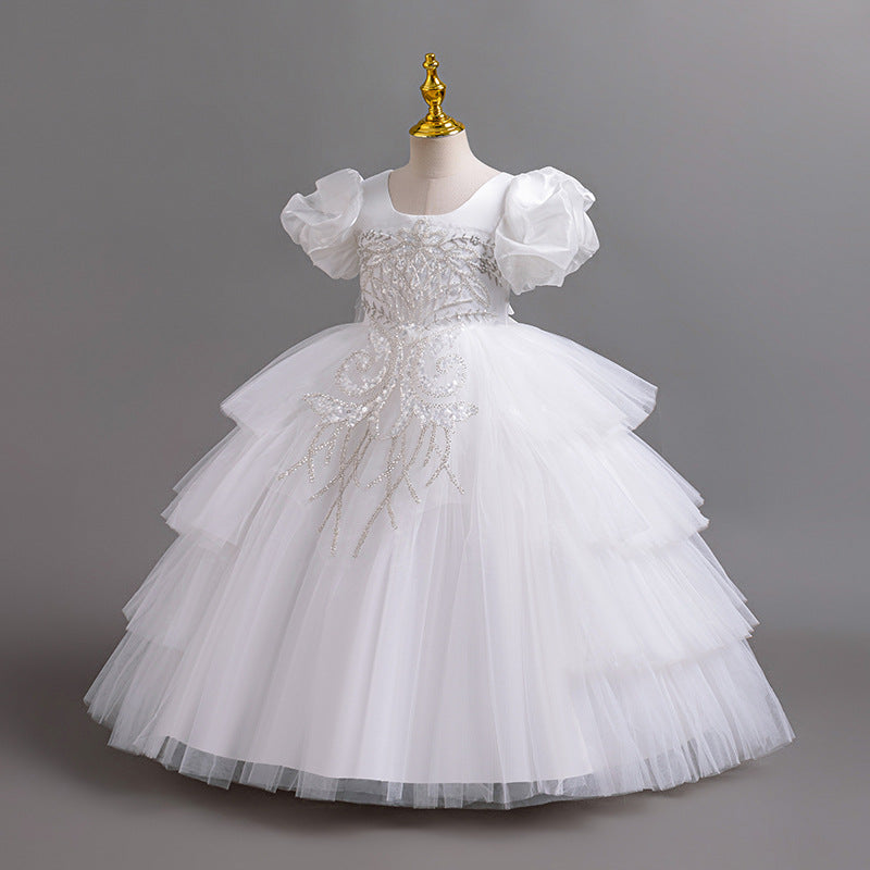 Children's Irregular Puff Sleeve Princess Flower Wedding Performance Level Cake Children's Dress