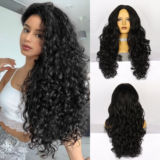 Women's Chemical Fiber Half Headgear Black Fluffy Wig Long Curls