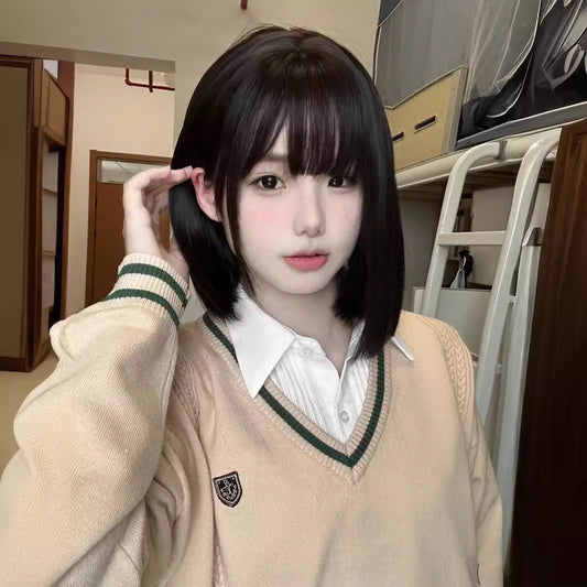 Female Black Brown Air Bangs Simulation Round Wig Short Straight Hair