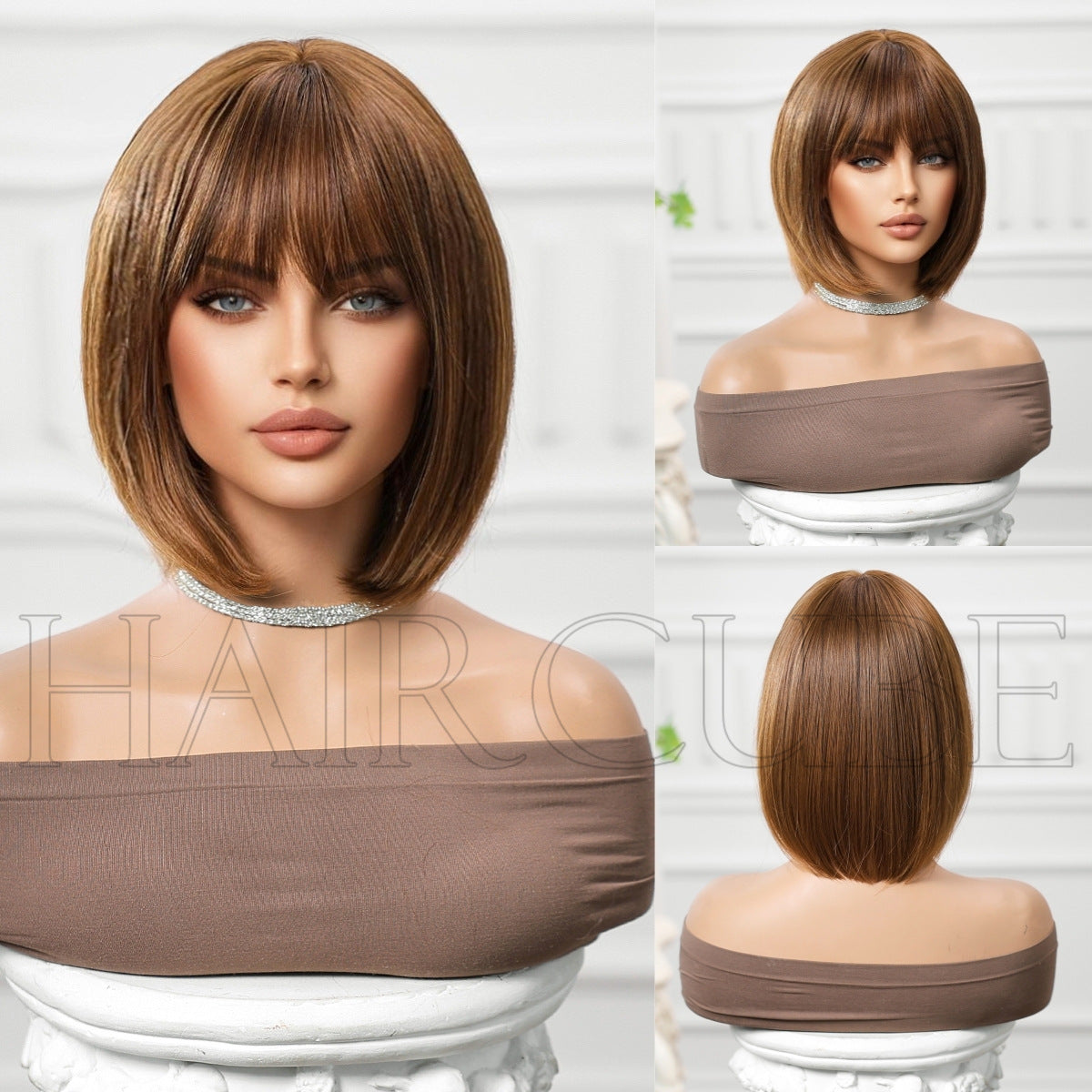 Stylish Graceful Bangs Brown Wine Red Wig Short Straight Hair