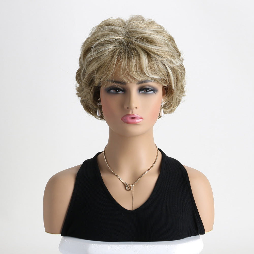 Women's Fashion Fluffy Side Bangs Black Brown Pick Color Wig Short Curly Hair