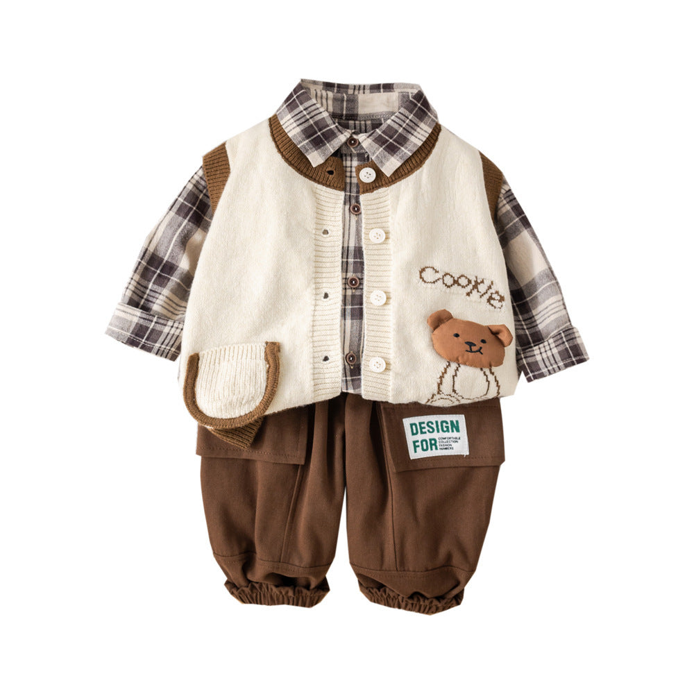 Children's Boys Autumn Clothing Western Style Cardigan Sweater Vest Three-piece Children's Suit