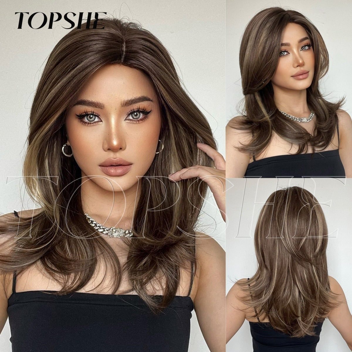 Gradient Highlight Split French Bangs Medium Hair Chemical Fiber Long Straight Wig
