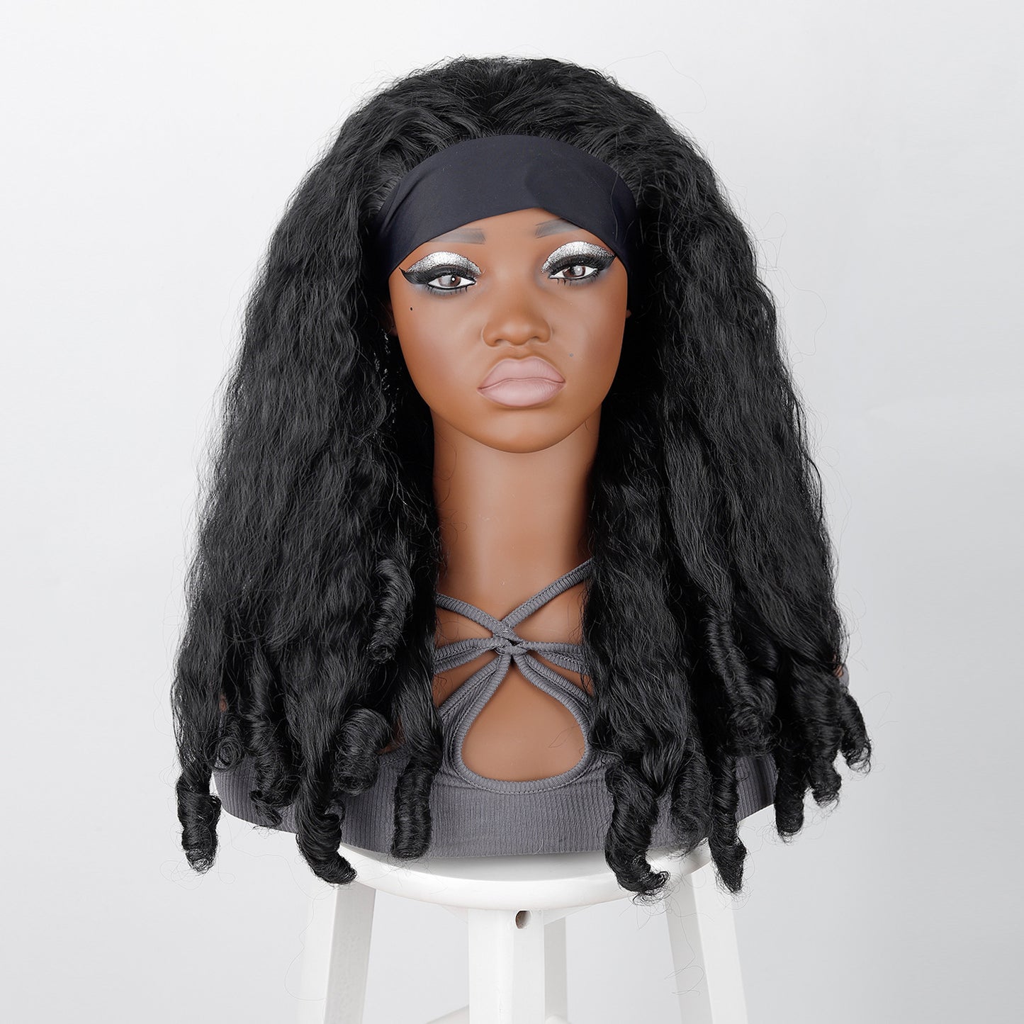 Women's Hair Band Head Cover Fluffy Afro Ice Silk Wig Long Curls