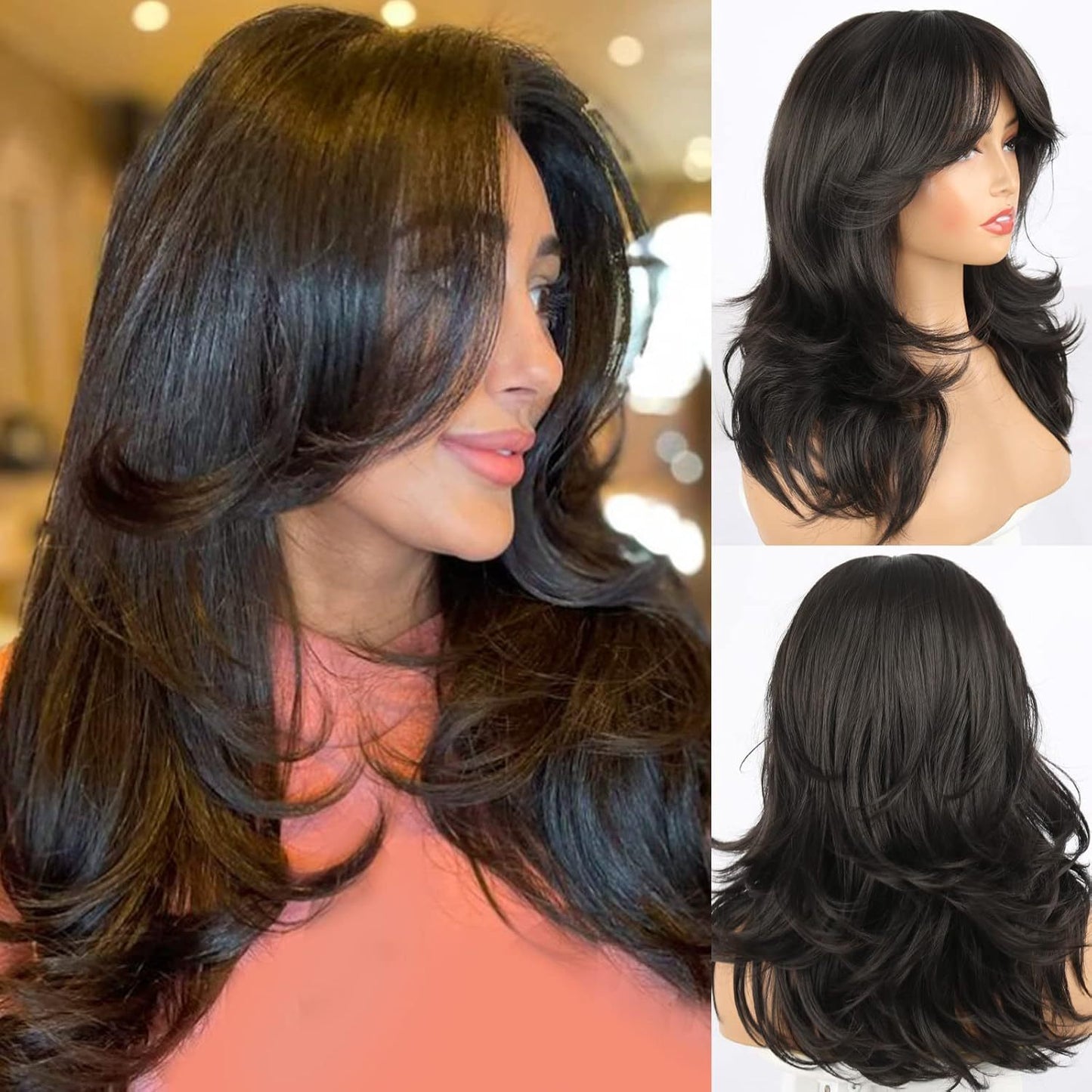 Bangs Layer Head Cover Gray Chemical Fiber Medium Wig Long Curls