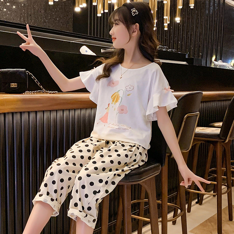 Ruffle Sleeve Flounced Printed Korean Style Stretch Cotton Children's T-shirt