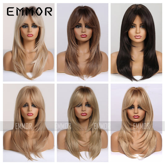 Gradient Gold Black Brown Mid-length Straight Hair Wig Long Curls