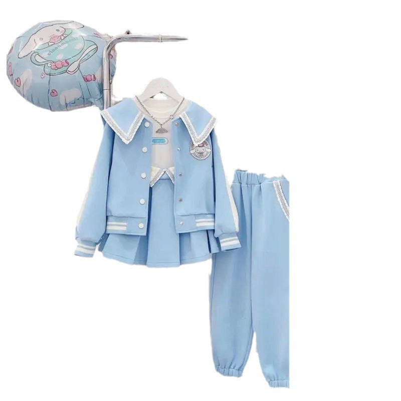 Children's Korean Style Baseball Uniform Coat Pleated Skirt Trousers Two-piece Children's Suit