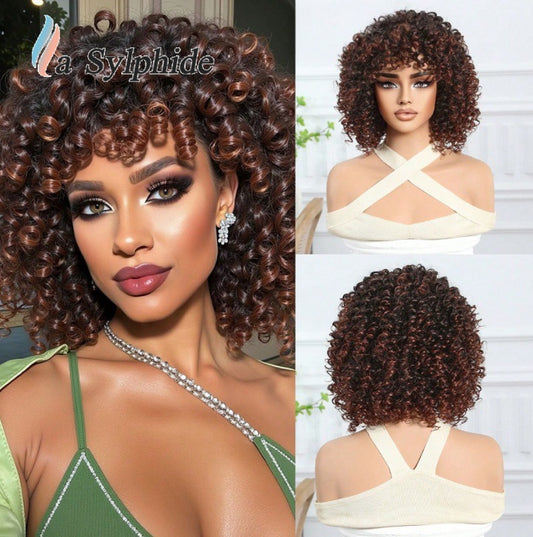 Bangs Orange Highlight Color Mixing Machine Wig Short Curly Hair