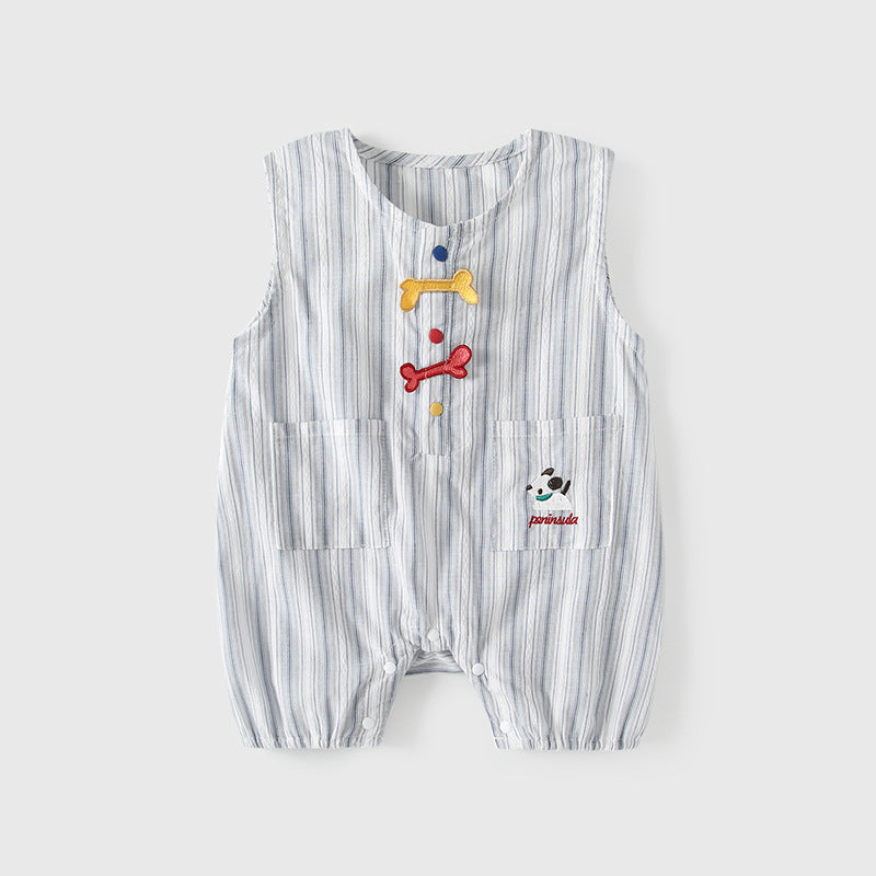 Bone Embroidery Summer Double Pocket Vest Jumpsuit, Climbing Suit