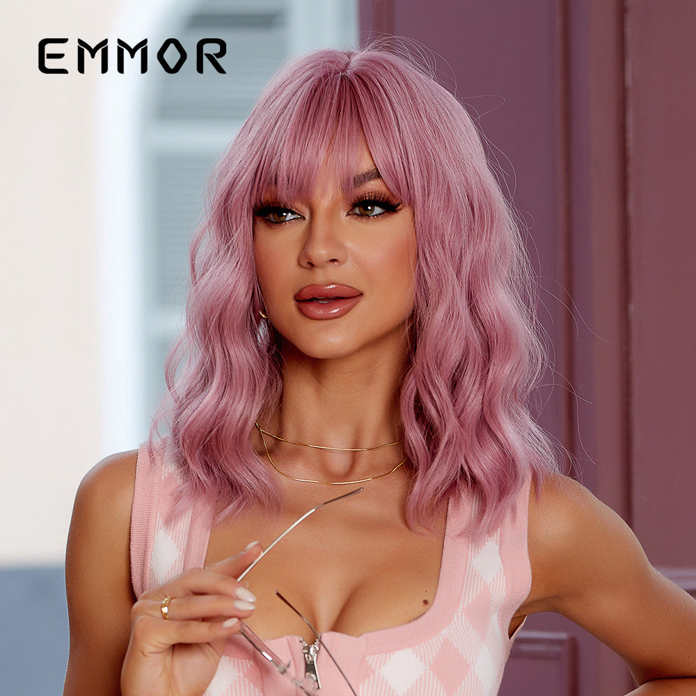 Head Style Bangs Pink Chemical Fiber Wig Short Curly Hair