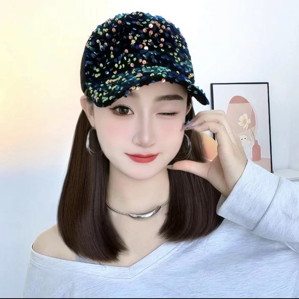 Integrated Summer Hollow Breathable Gradient Sequin Peaked Cap Wig Short Straight Hair