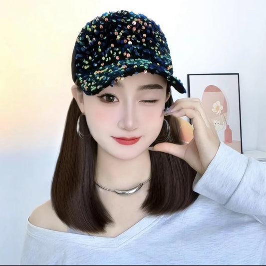 Integrated Summer Hollow Breathable Gradient Sequin Peaked Cap Wig Short Straight Hair