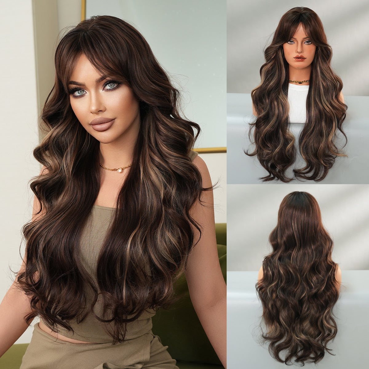 Women's Bangs Brown Dyed Honey Gold Whole Head Wig Long Curls