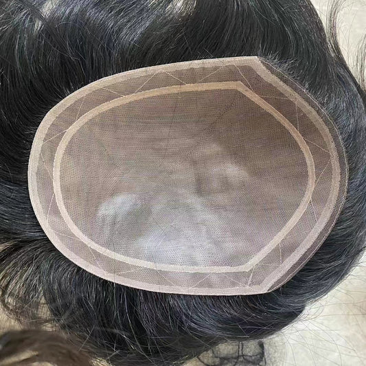 Men's Hairpiece Full Hand Single Layer Inner Mesh Real Hair Wig