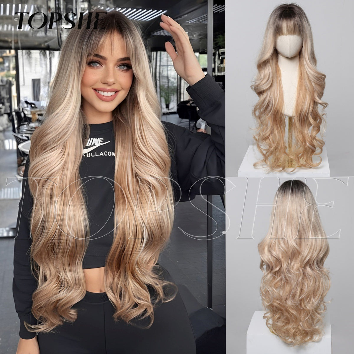 Dyed Brown Straight Bangs Big Wave Curly Wig Long Curls