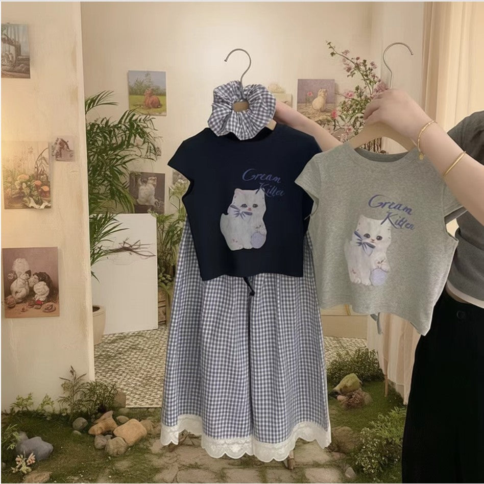 Children's Summer Middle Big Korean Short-sleeved Lace Plaid Stitching Pants Two-piece Children's Suit