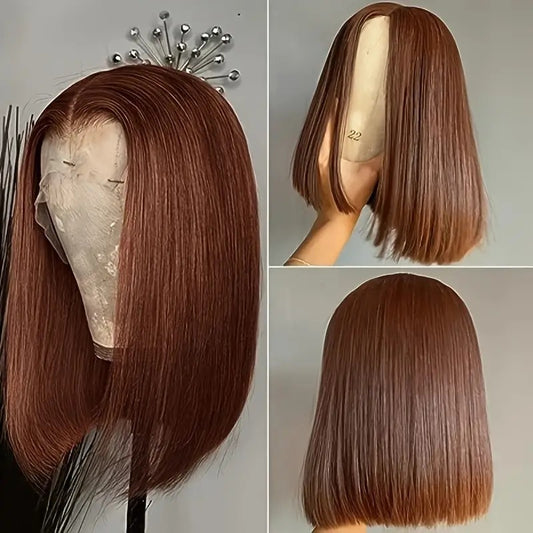 Front Lace Dark Brown Head Bangs Wig Short Straight Hair