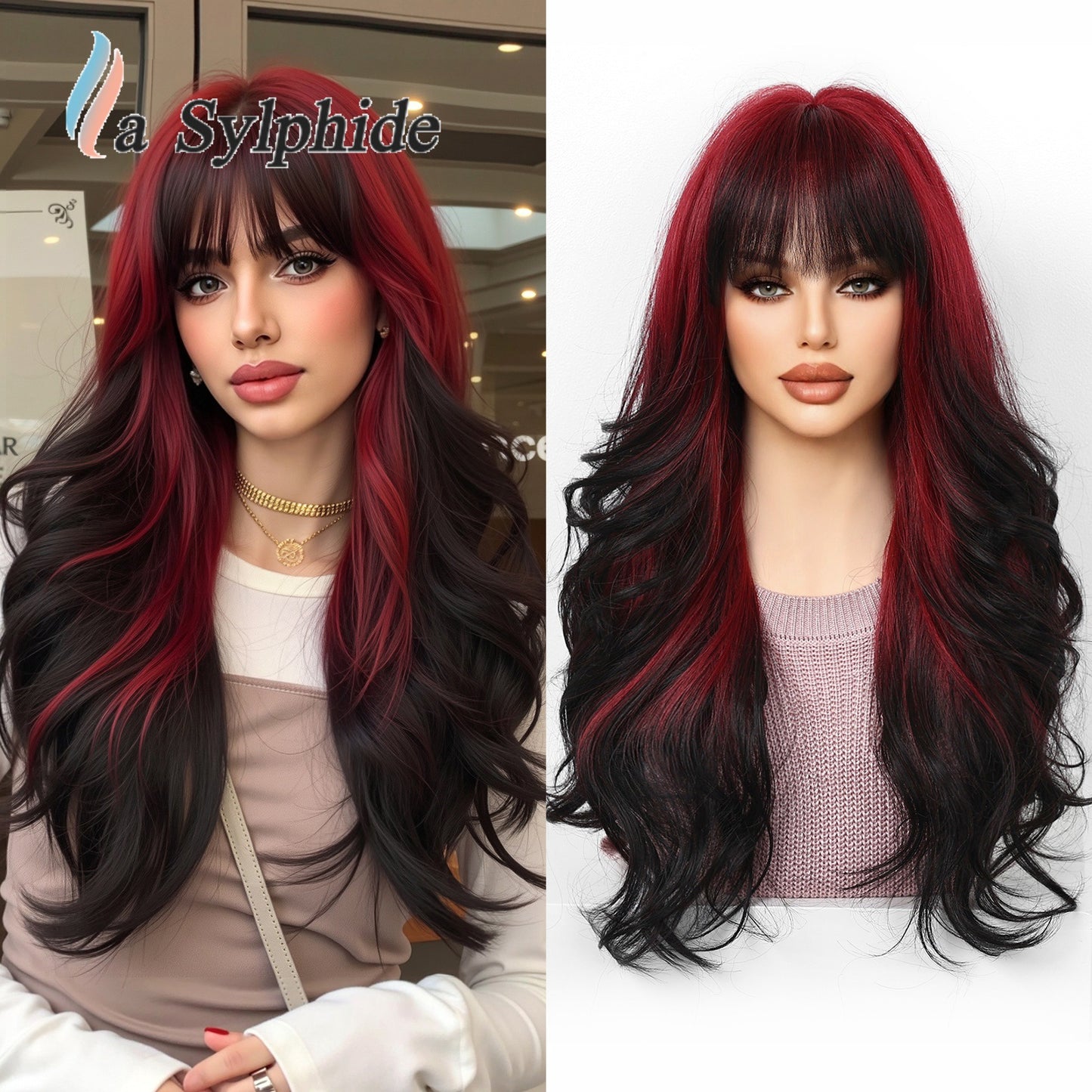 Wine Red Gradient Bangs Fiber Curly Hair Halloween Wig Long Curls