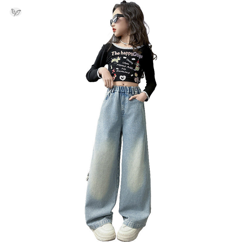 Jeans Spring Side Bow Pull-up Medium Children's Pants