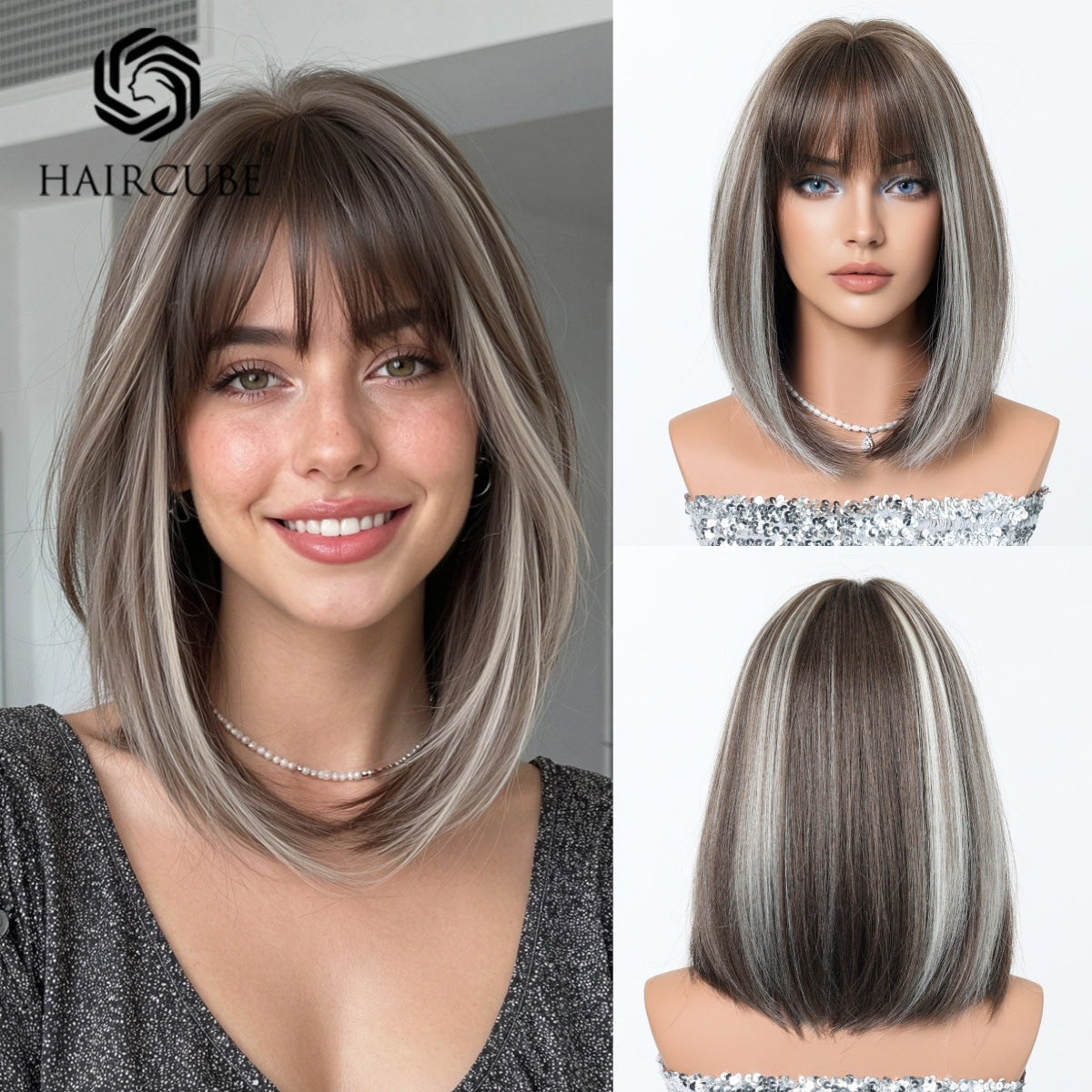 Chemical Fiber Highlight Dyed Summer Breathable Bangs Cut Collarbone Length Wig Short Straight Hair
