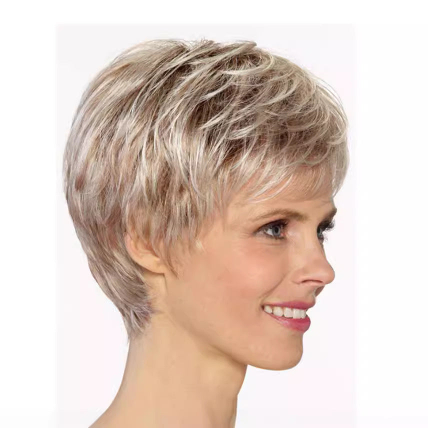 Golden Female Gray Gold Color Head Cover Wig Short Curly Hair
