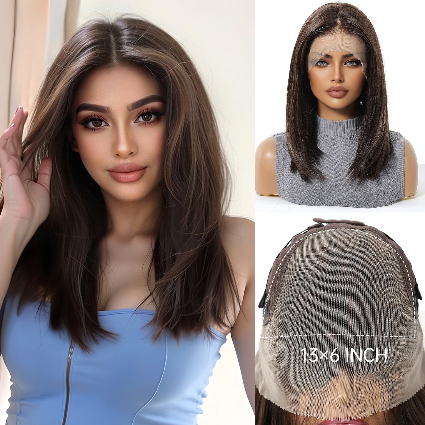 Area Lace Medium Black Brown Hair Fashion Long Straight Wig
