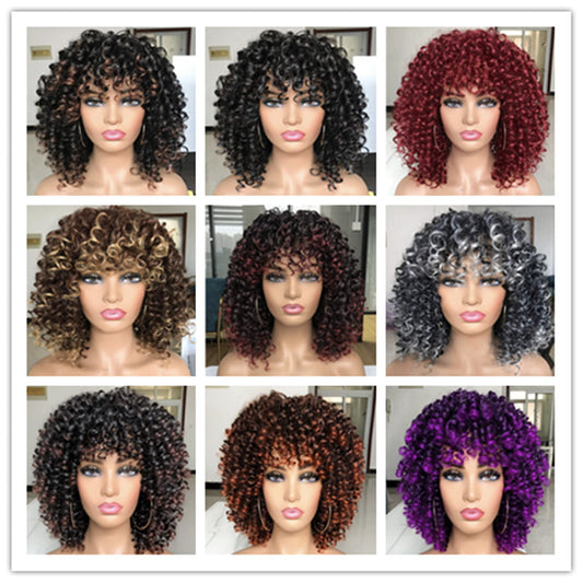 Women's African With Bangs Small Fluffy Synthetic Wig Short Curly Hair