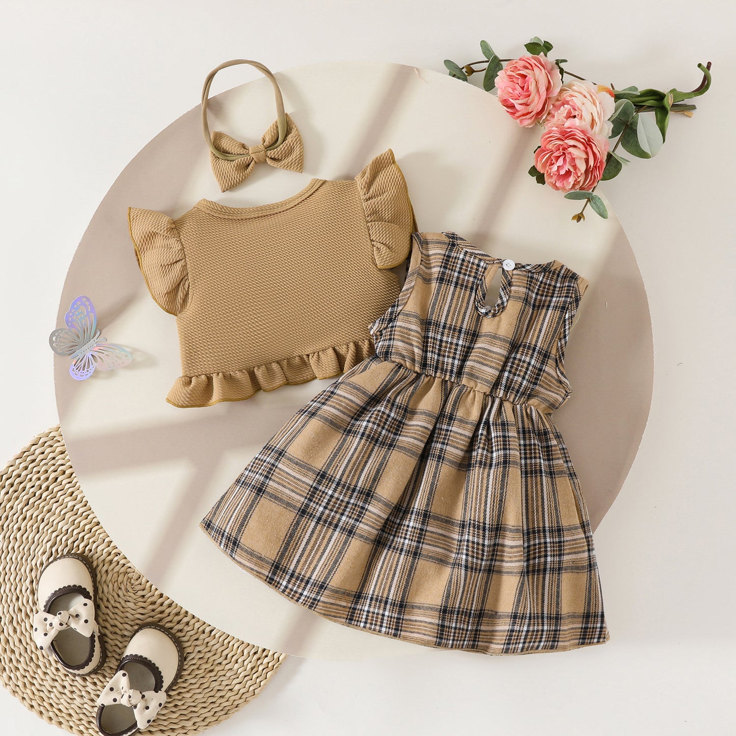 Set Sleeveless Ruffled Cropped Coat Top Plaid Children's Suit