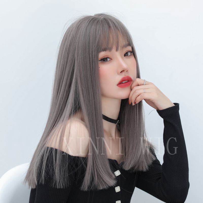Pink Flax Hair Temperament Medium Length Sheath Long Straight Wig