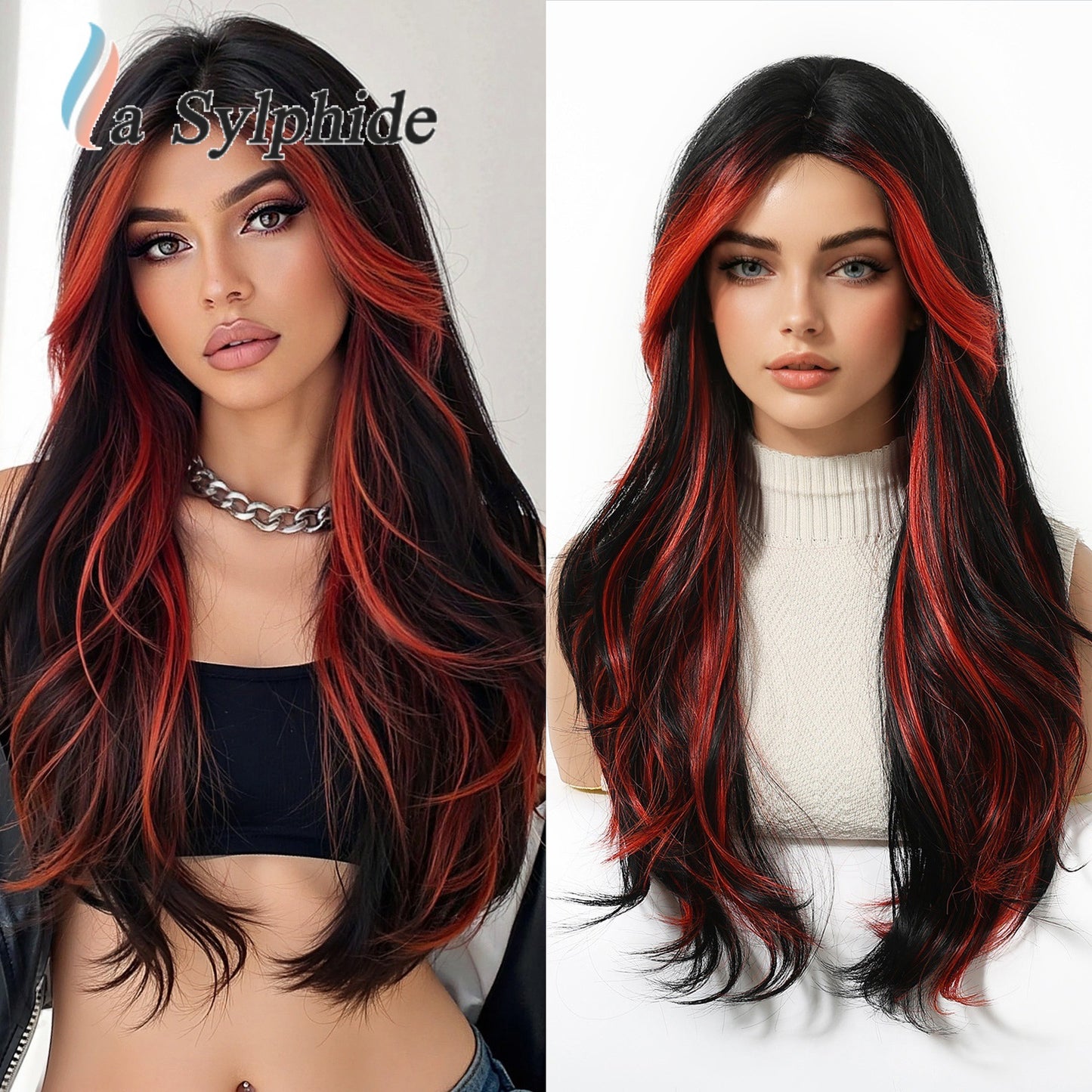Female Half Halloween Red Highlight Curly Wig Long Curls