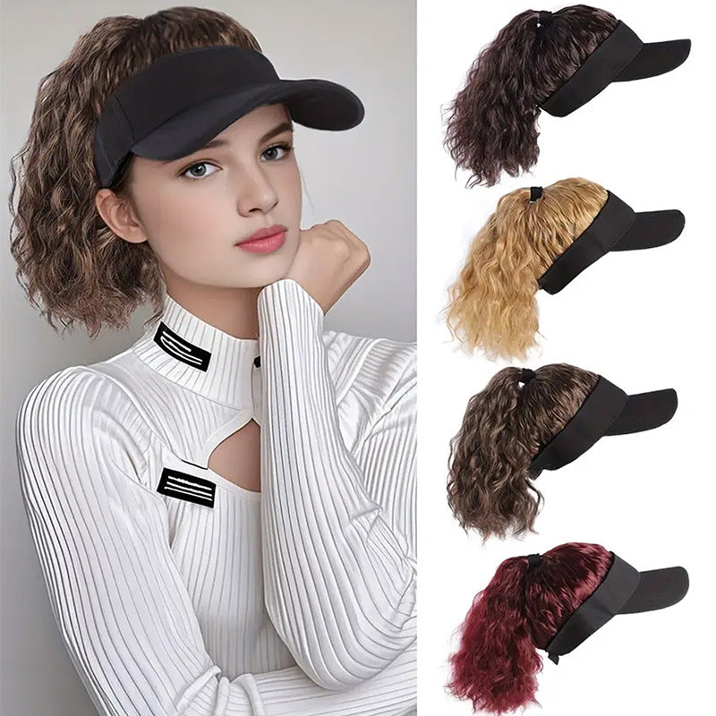 Female Sun Protection Peaked Cap Baseball Solid Color Crownless Wig Short Curly Hair
