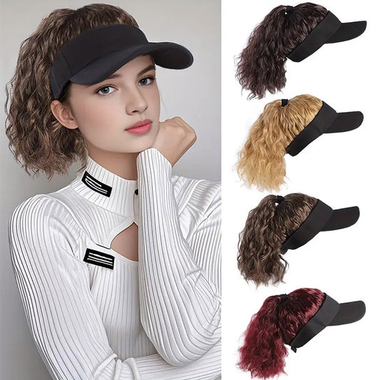 Female Sun Protection Peaked Cap Baseball Solid Color Crownless Wig Short Curly Hair
