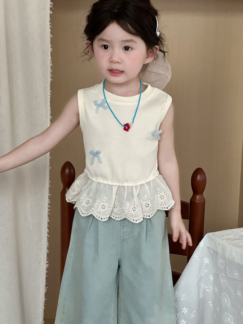 Children's Summer Korean Lace Sleeveless Top Sweet Bow Princess Children's T-shirt