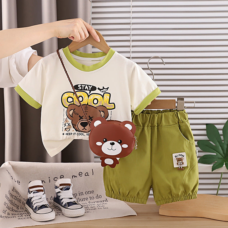Children's Summer Short Sleeve Clothing Victory Bear Bag Round Neck Children's Suit