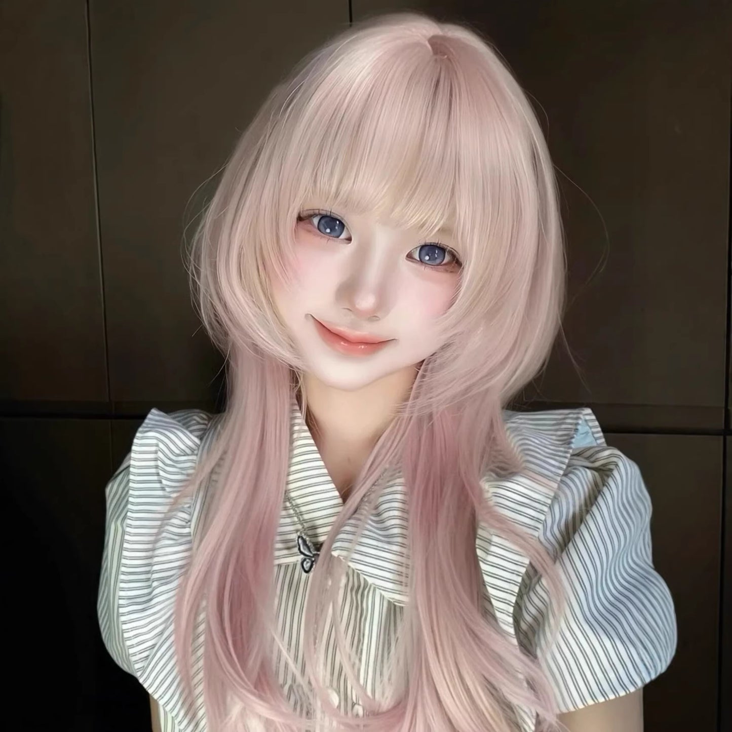 Gradient High Level Straight Bangs Jellyfish Head Full Wig Long Curls