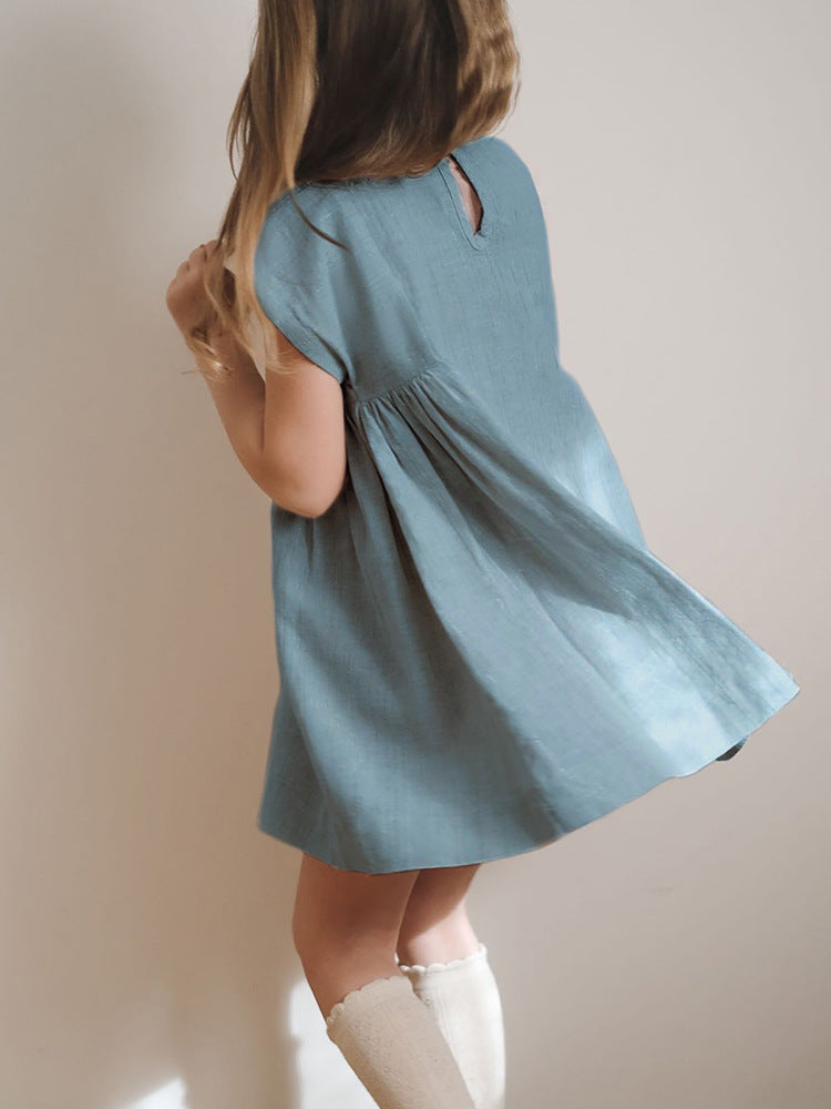 Women's Promotion High Quality Pure Linen Casual Vacation Short-sleeved Skirt Round Children's Dress
