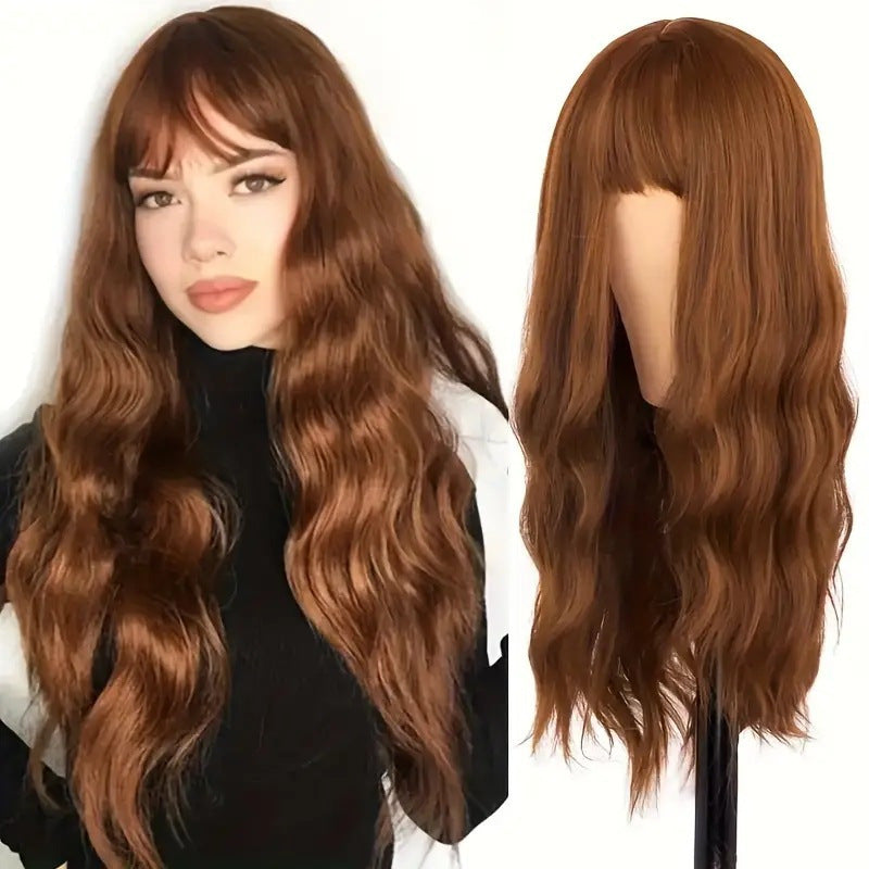 Women's Front Lace Synthetic Wigs Black Brown Bangs Wig Long Curls