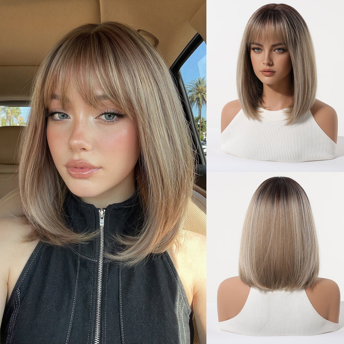Gradient Brown Highlights Air Bangs Natural Realistic Chemical Fiber Full Wig Short Straight Hair