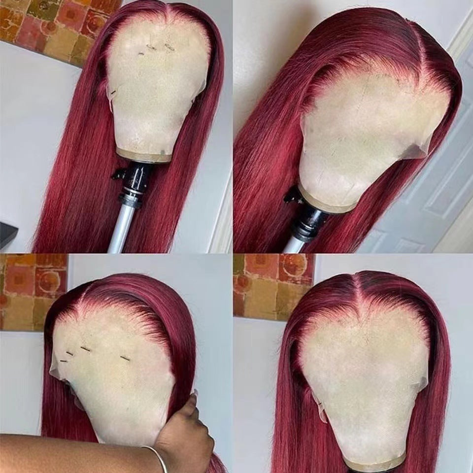 Women's Wine Red Front Lace Chemical Fiber Fashion Long Straight Wig
