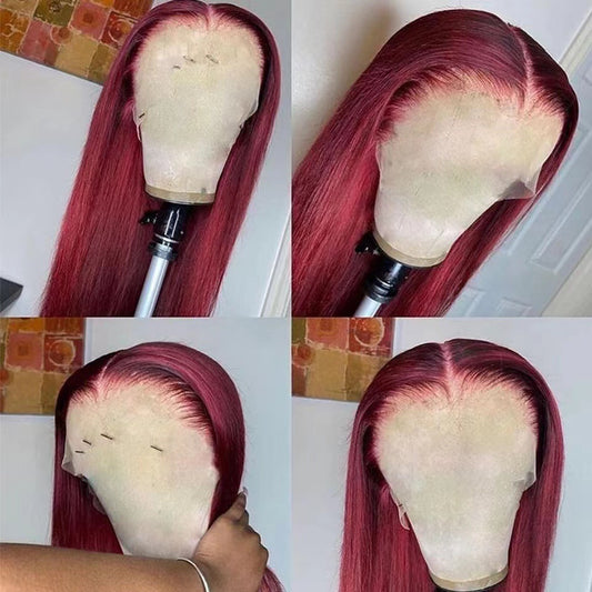 Women's Wine Red Front Lace Chemical Fiber Fashion Long Straight Wig