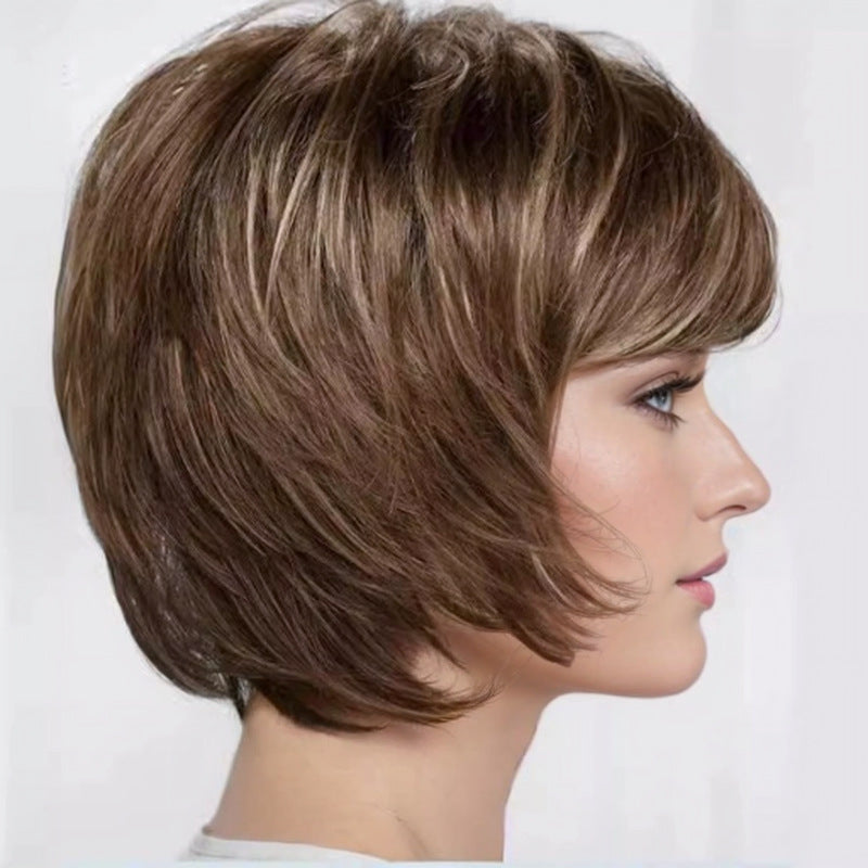 Women's Fluffy Side Bangs Gold White Fiber One Wig Short Straight Hair