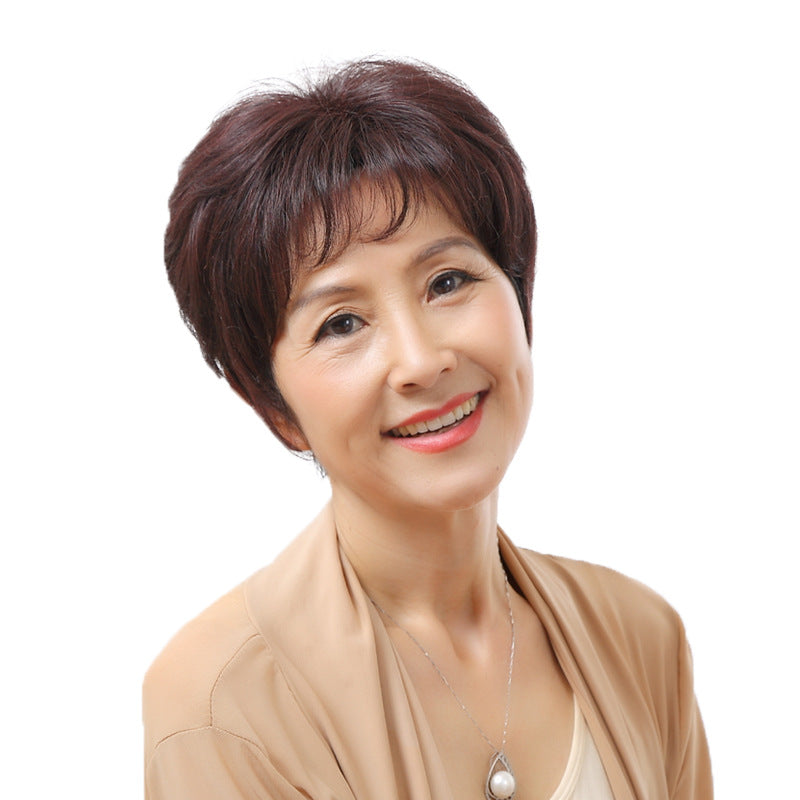 Female Real Hood Natural Fashion Wine Red Old Lady Wig Short Curly Hair
